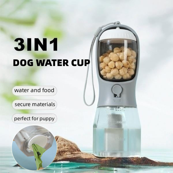 Pawsitive4s 3-in-1 portable dog water bottle food waste bag – 300ml Garbage Bag, Cherry Blossom Pink, front view