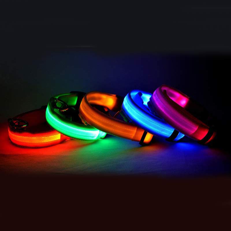 Pawsitive4s LED light-up glow dog collar night safety – Seven colors, L, side angle