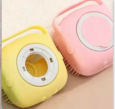 Pawsitive4s silicone pet bath massage brush grooming glove – Yellow 3PC, square, product with pet