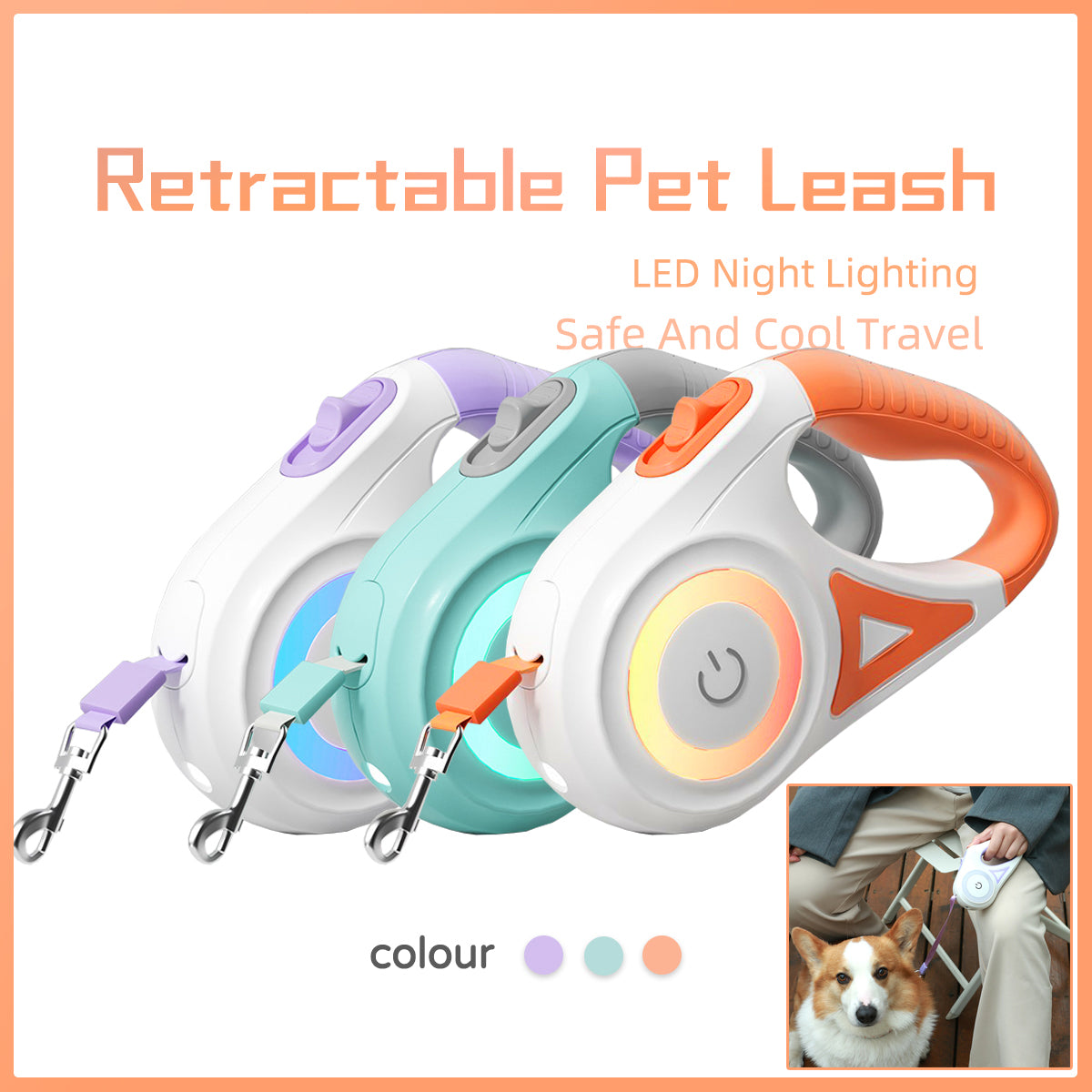 Pawsitive4s retractable dog lead LED spotlight – Orange 3M, Tow rope and small collar, colour options