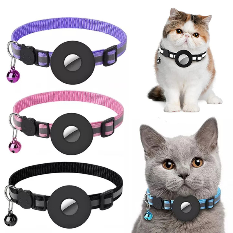 Pawsitive4s reflective pet collar with AirTag holder waterproof – Black, front view